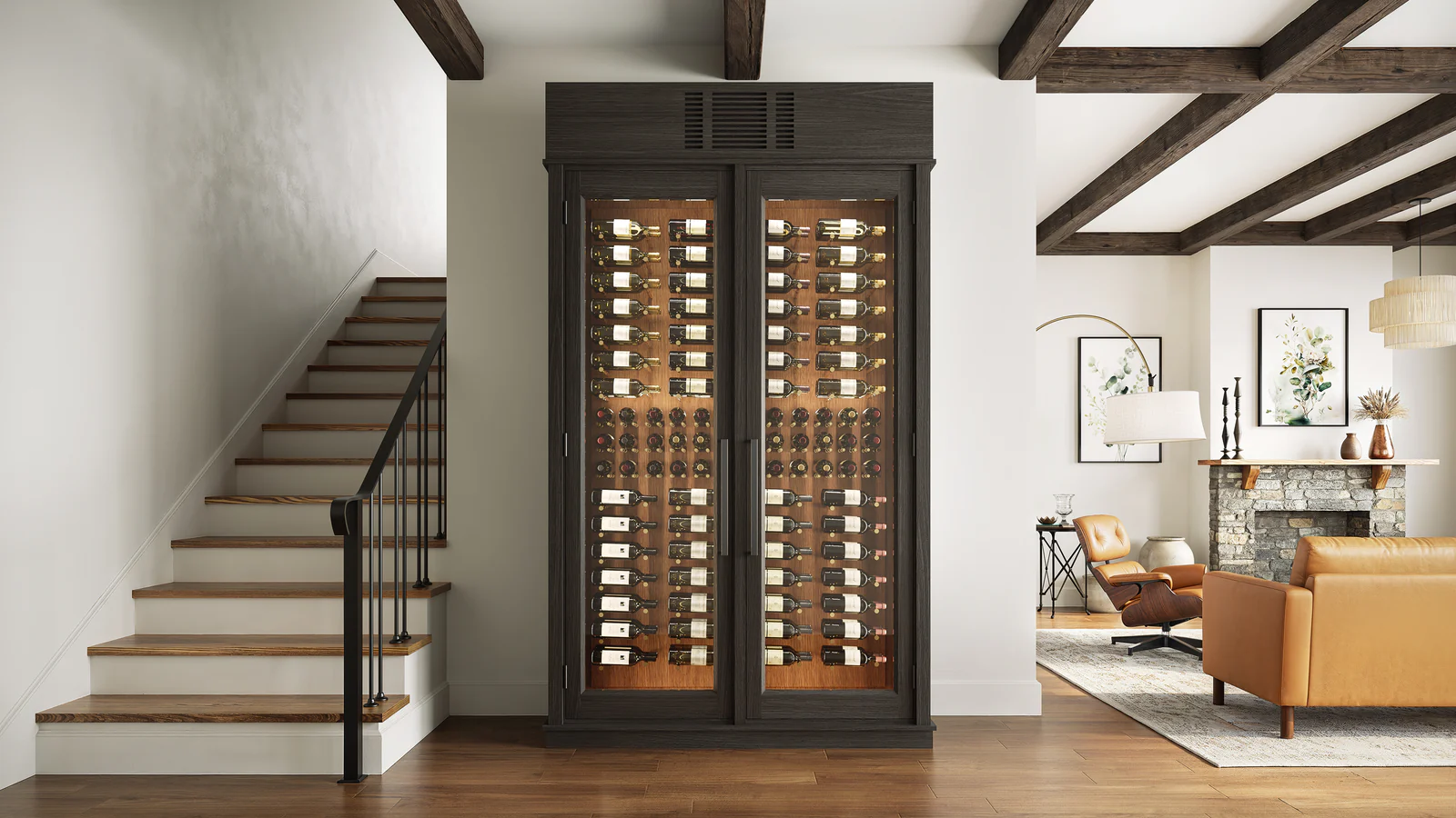A dark two-door wine enclosure with lit timber racking beside a staircase.